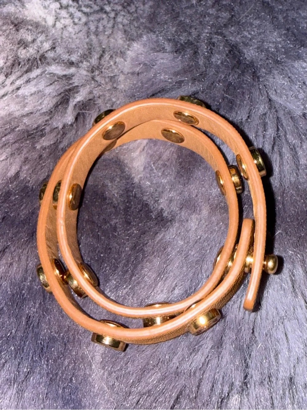Tory Burch Camel Leather Double Wrap Bracelet with Gold Logos